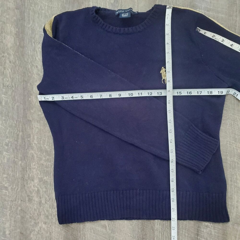 Ralph Lauren Women's Sweater Size XL Navy Gold Racing Stripe Cotton Pony Logo - Picture 5 of 6